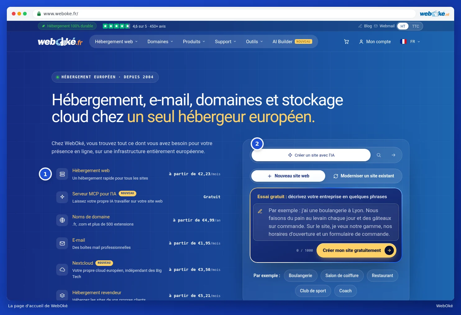 La page d'accueil du site web de WebOké