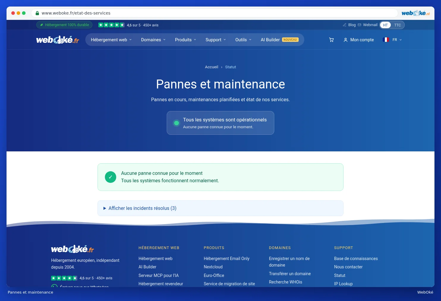 La page Pannes et maintenance