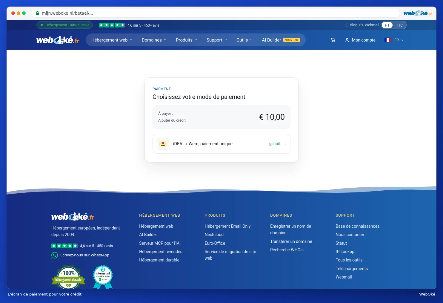 L'écran de paiement pour l'ajout de crédit avec le montant et iDeal