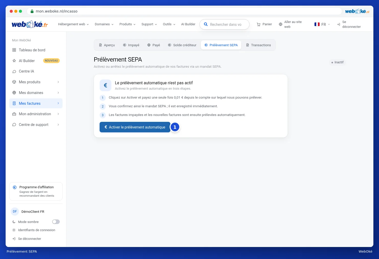 La page Prélèvement SEPA avec le bouton pour activer