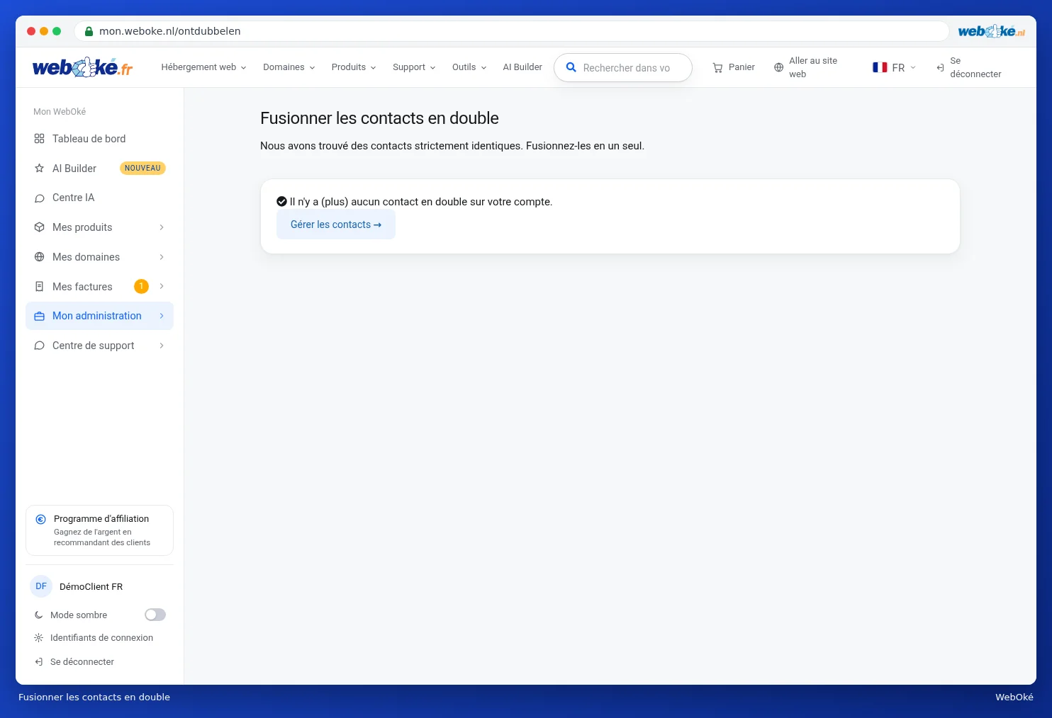 La page Fusionner les contacts en double sans contacts en double