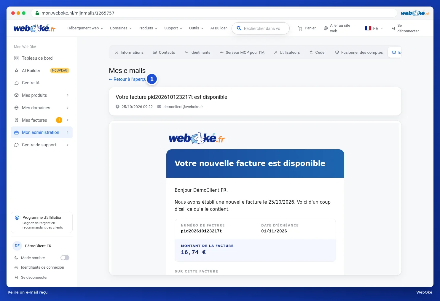 Une confirmation de paiement ouverte dans Mon WebOké