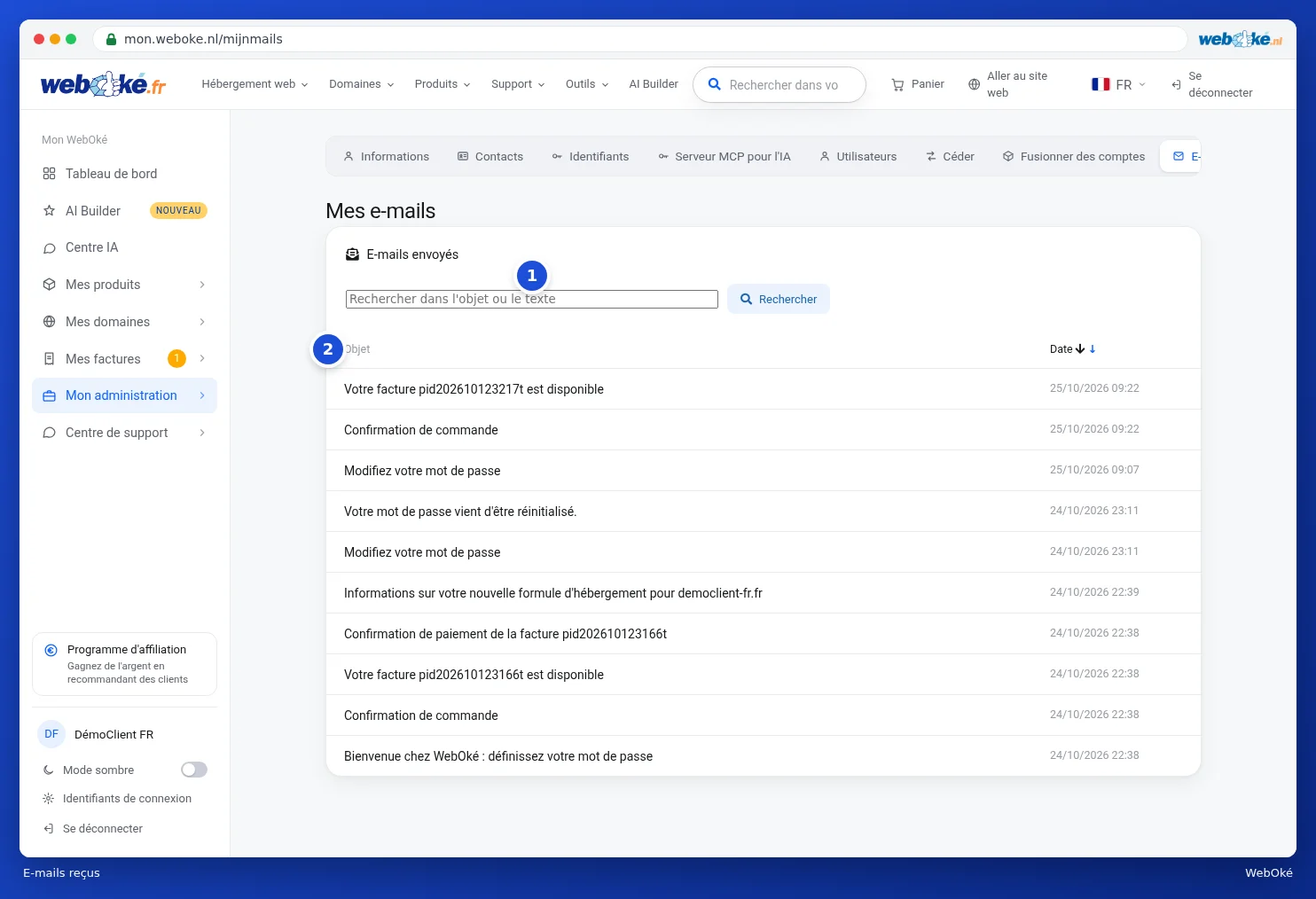 La liste des e-mails reçus avec champ de recherche et tri