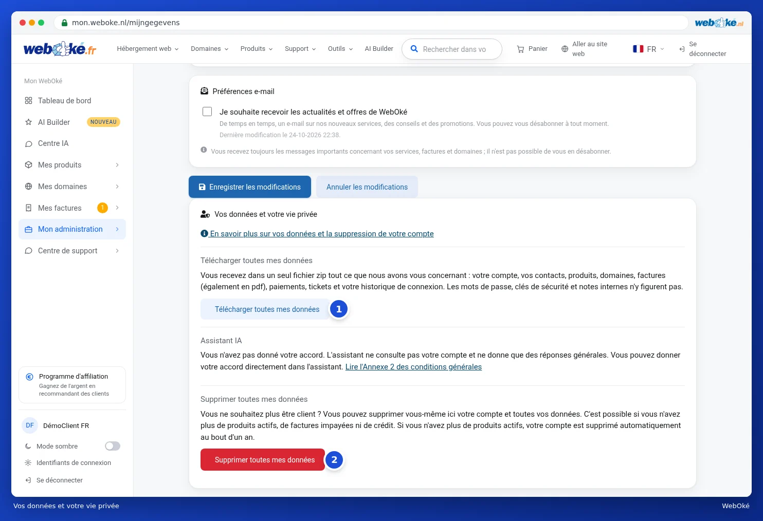 Le bloc Vos données et votre vie privée avec téléchargement, assistant IA et suppression