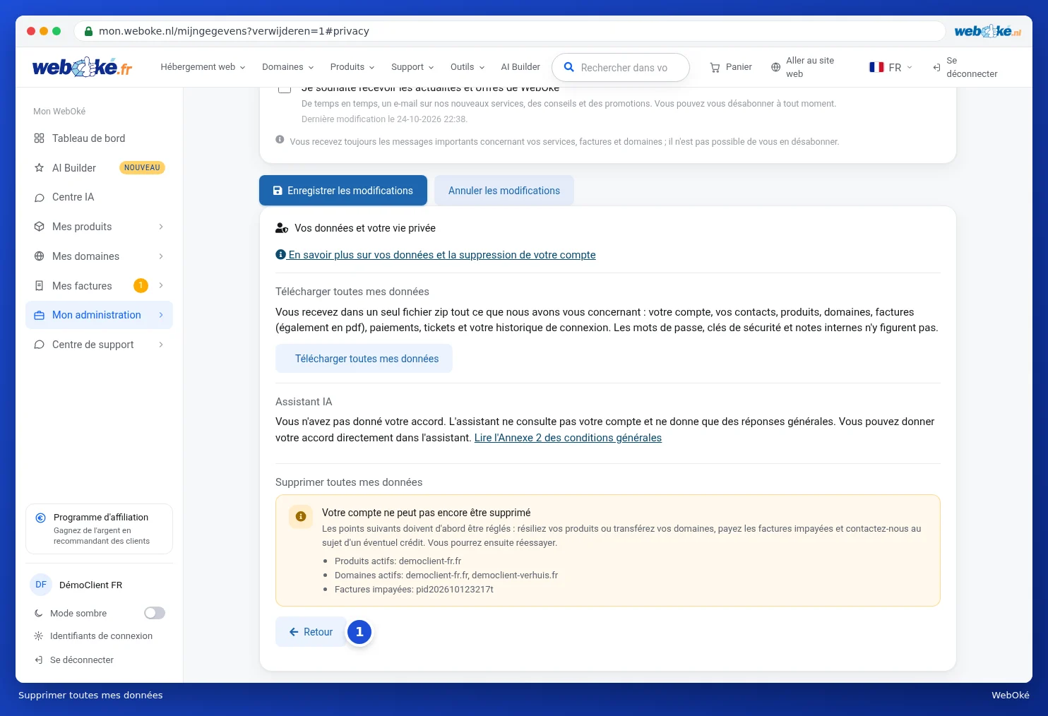 Le message Votre compte ne peut pas encore être supprimé avec les produits et domaines actifs