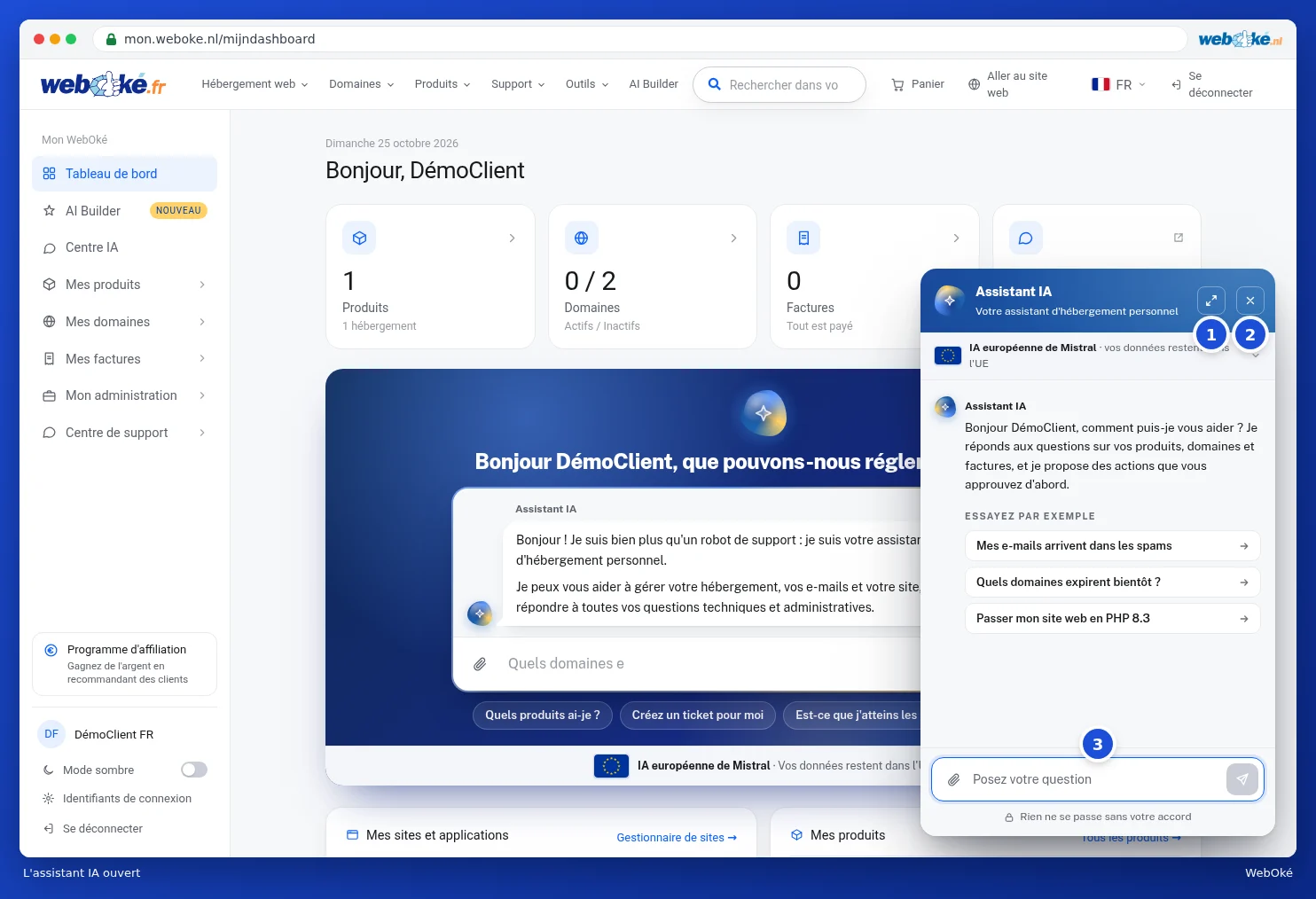 La fenêtre de l'assistant IA avec des exemples de questions
