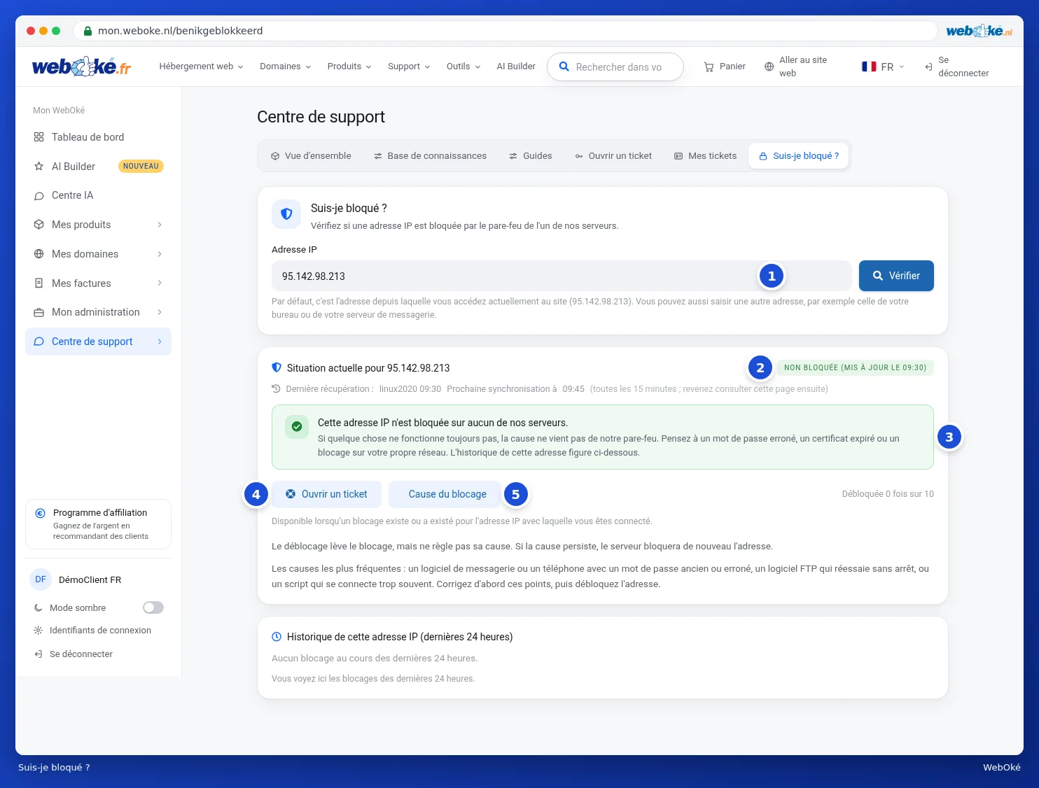 La page Suis-je bloqué avec l'adresse IP, la situation actuelle, les boutons et l'historique