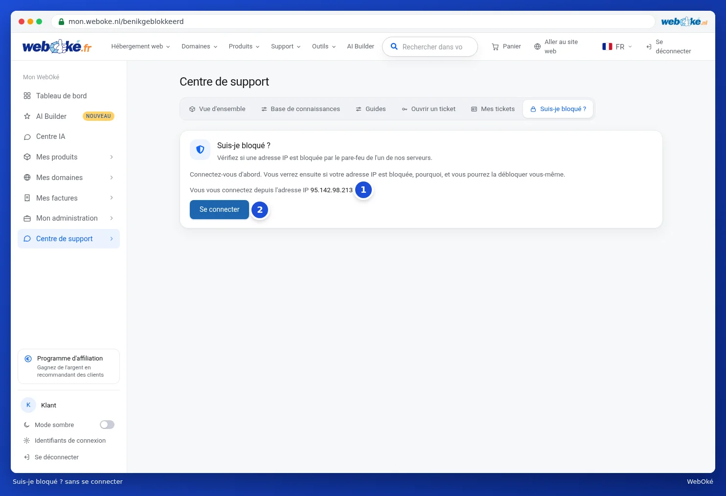 La page Suis-je bloqué sans être connecté, avec l'adresse IP et le bouton Se connecter