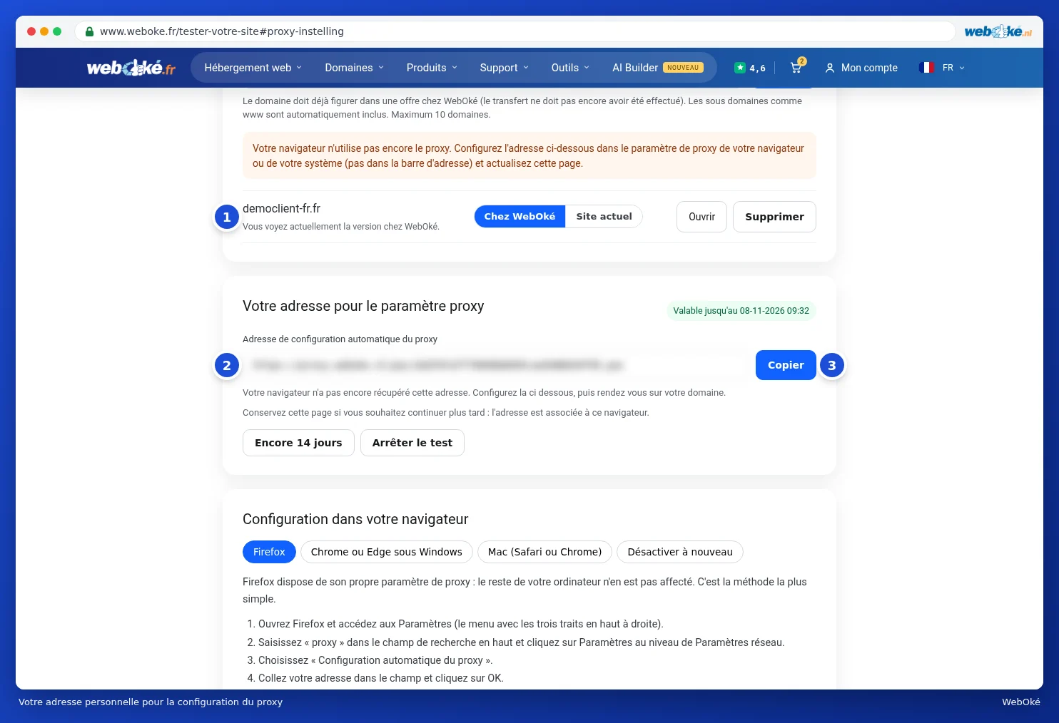 Le domaine ajouté, l'adresse proxy personnelle avec le bouton Copier et les boutons pour prolonger ou arrêter