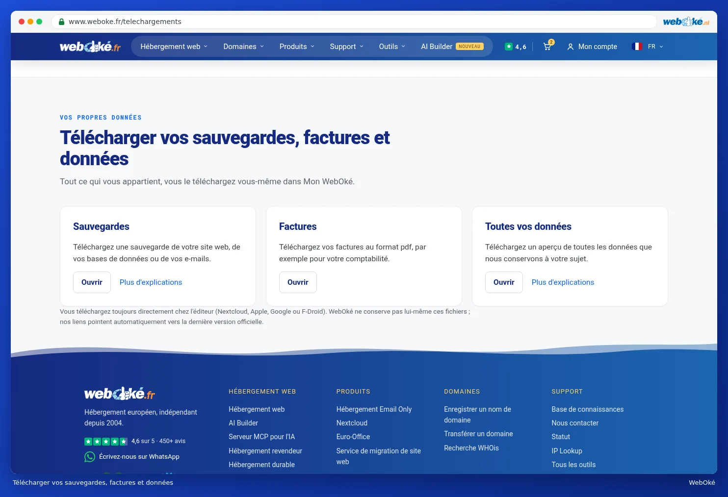Les cartes Sauvegardes, Factures et Toutes vos données avec les boutons Ouvrir