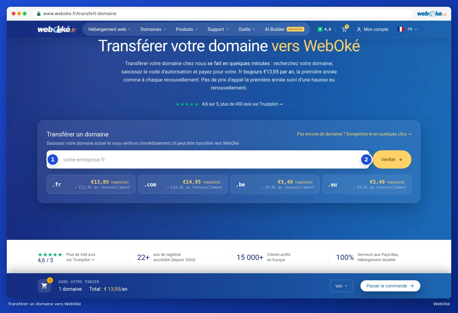 La page Transférer un domaine