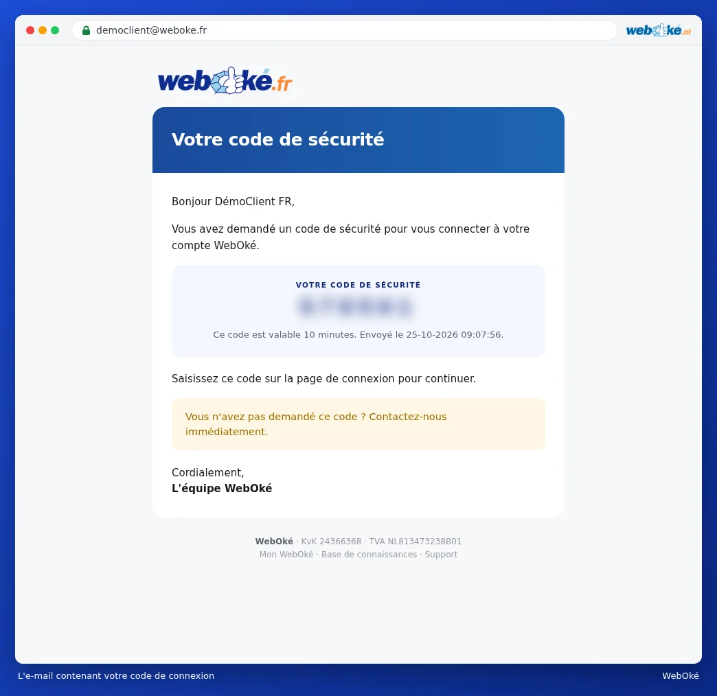 L'e-mail Votre code de sécurité avec le code à 6 chiffres