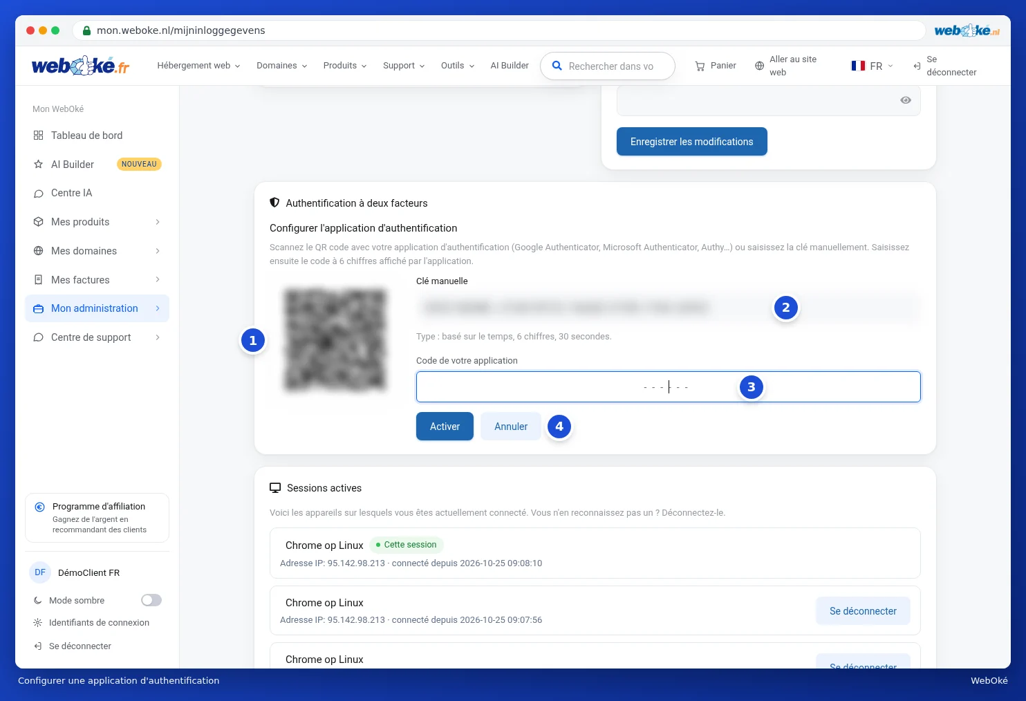 L'écran Configurer l'application d'authentification avec le code QR, la clé manuelle et le champ Code de votre application