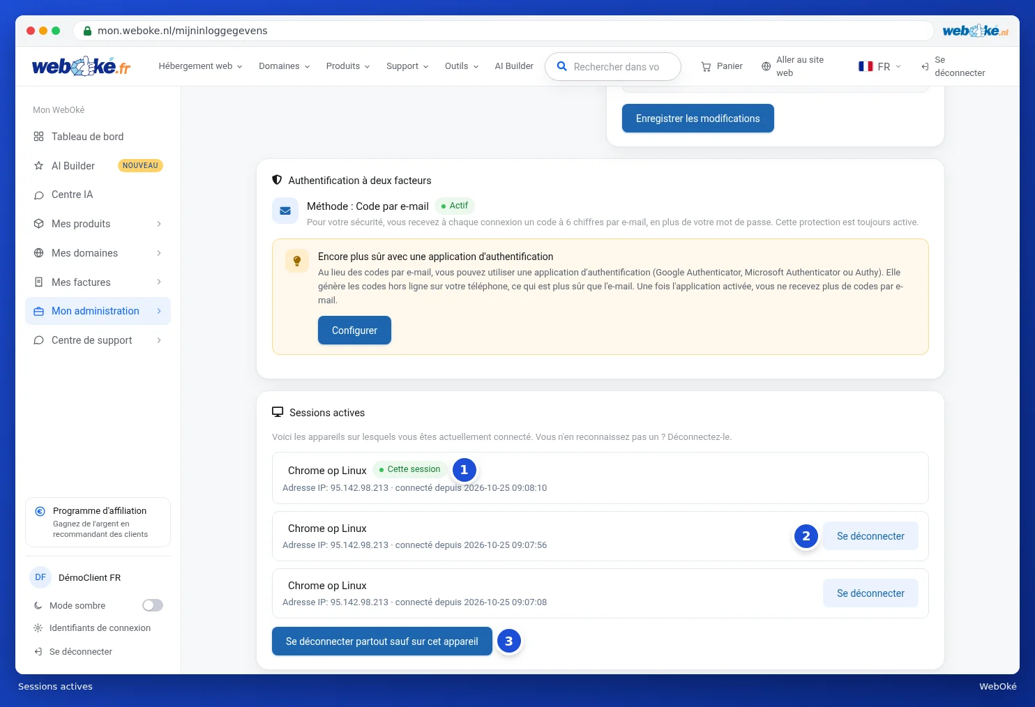 La carte Sessions actives avec pour chaque session le navigateur, l'adresse IP et l'heure de connexion