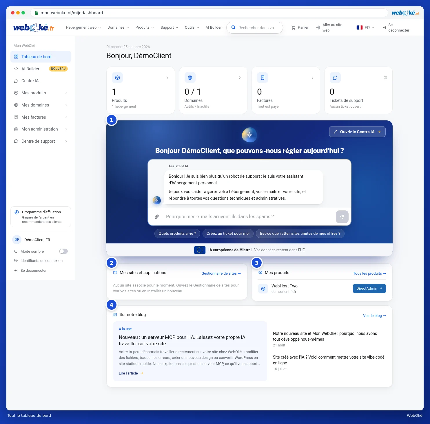 L'ensemble du tableau de bord avec l'assistant IA, Mes sites et applications, Mes produits et Sur notre blog