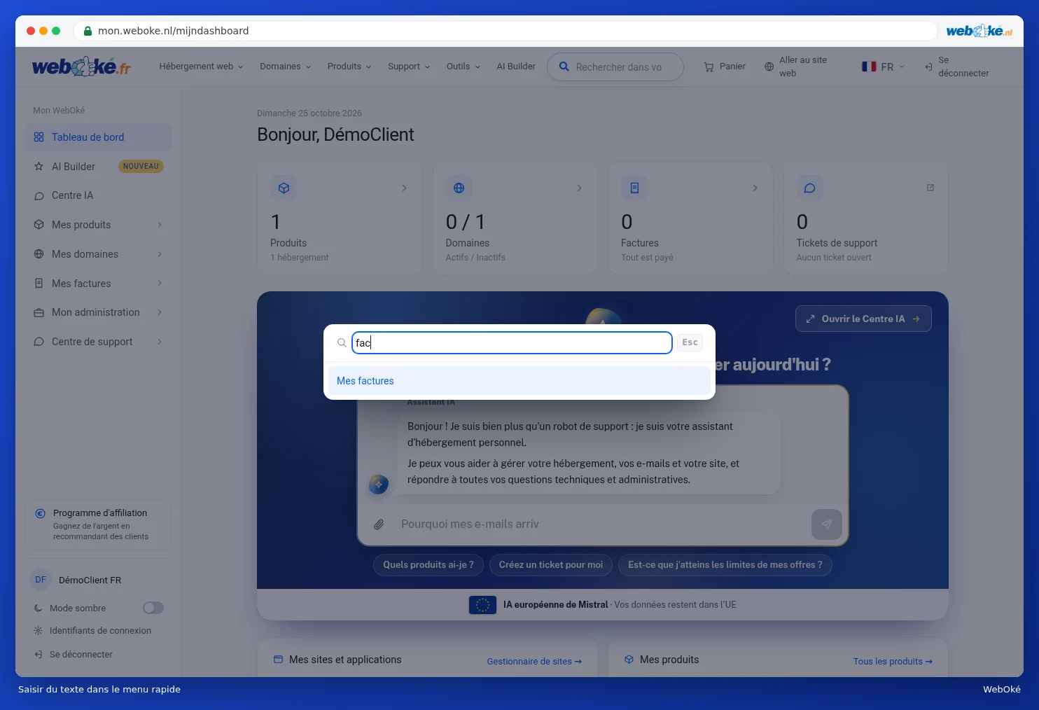 Le menu rapide après avoir tapé fac, avec comme résultat Mes factures