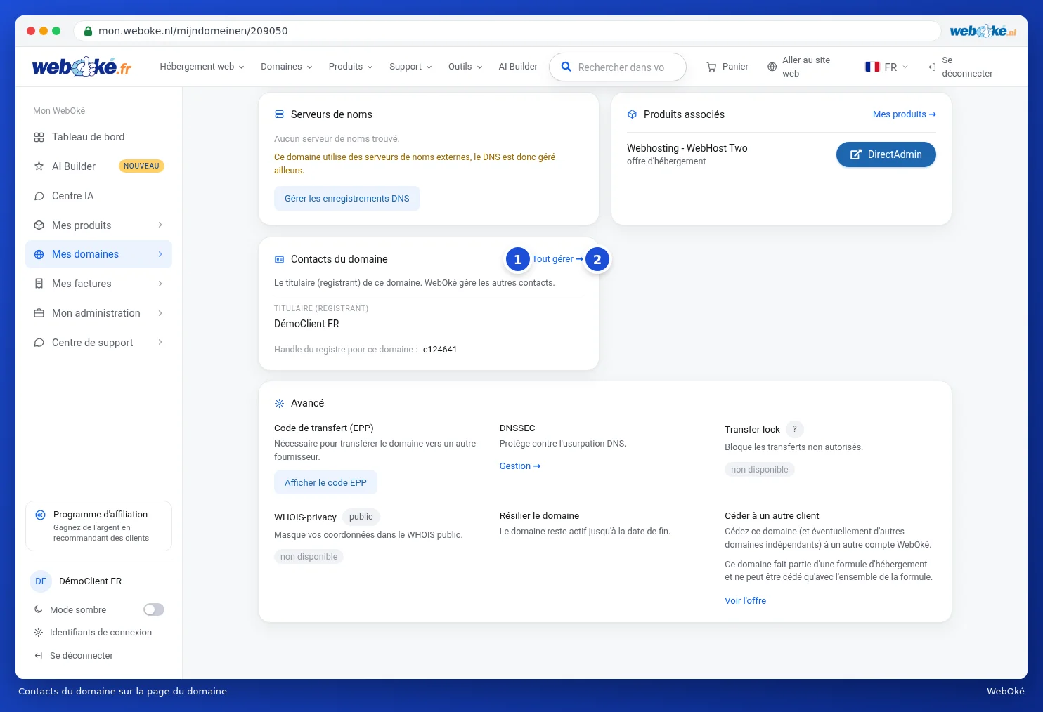La carte Contacts du domaine sur la page du domaine