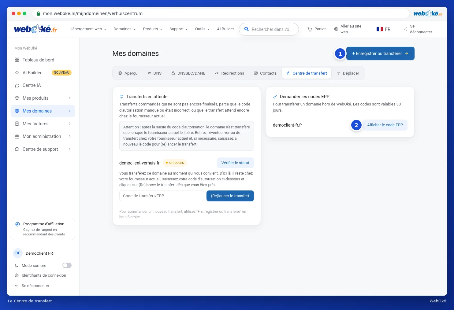Le Centre de transfert avec les transferts en attente et les codes EPP