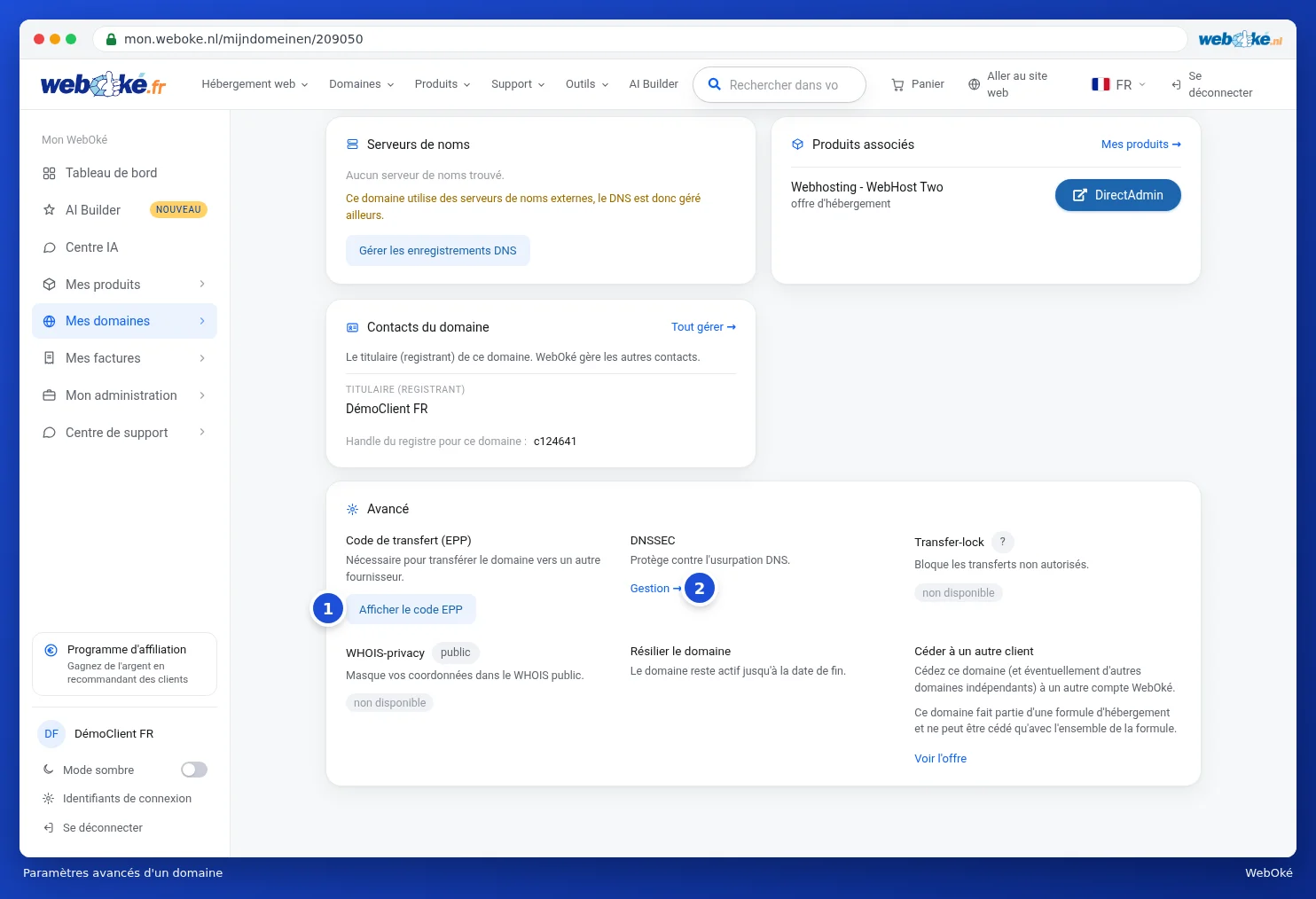 La carte Fonctions avancées avec entre autres la protection WHOIS
