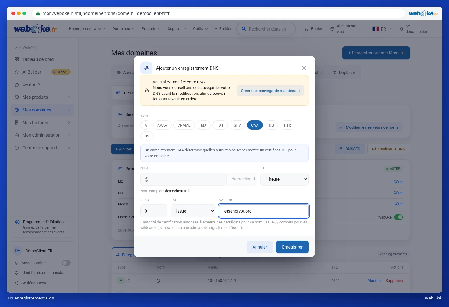 La fenêtre avec un enregistrement CAA pour letsencrypt.org
