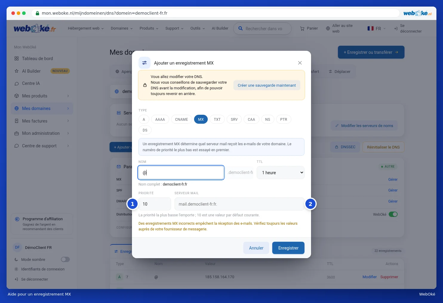 La fenêtre d'ajout d'un enregistrement MX avec priorité et serveur de messagerie