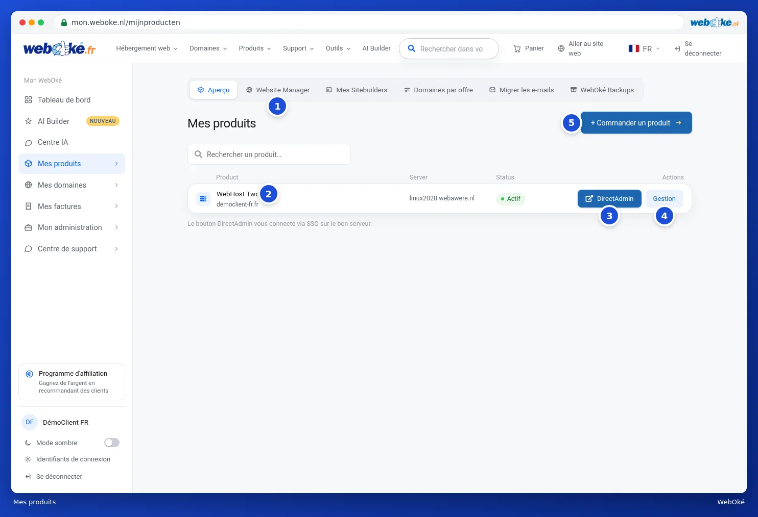 Le récapitulatif Mes produits avec une offre d'hébergement, la barre d'onglets et les boutons DirectAdmin et Administration