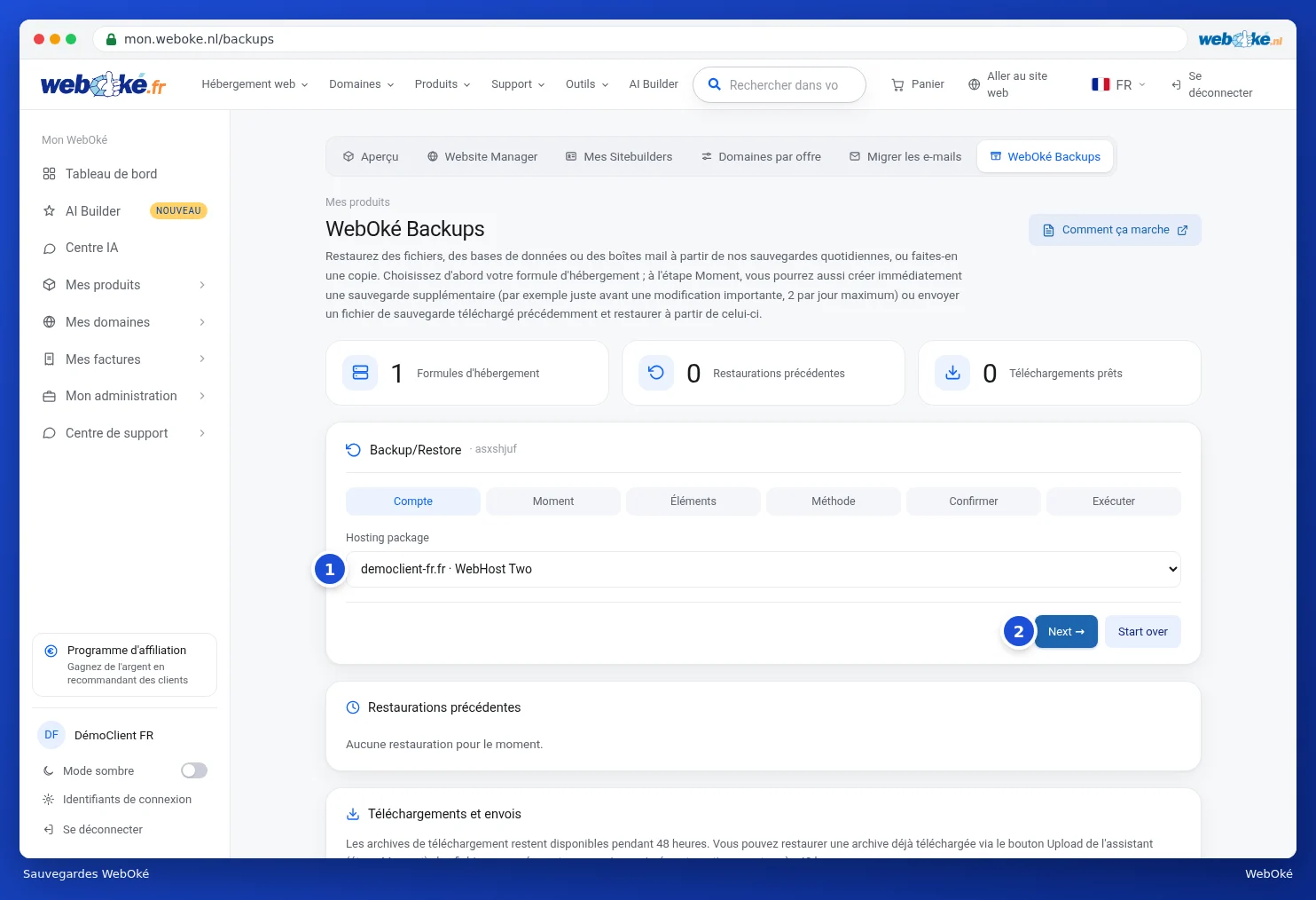 La page WebOké Backups avec l'assistant et le choix du pack d'hébergement