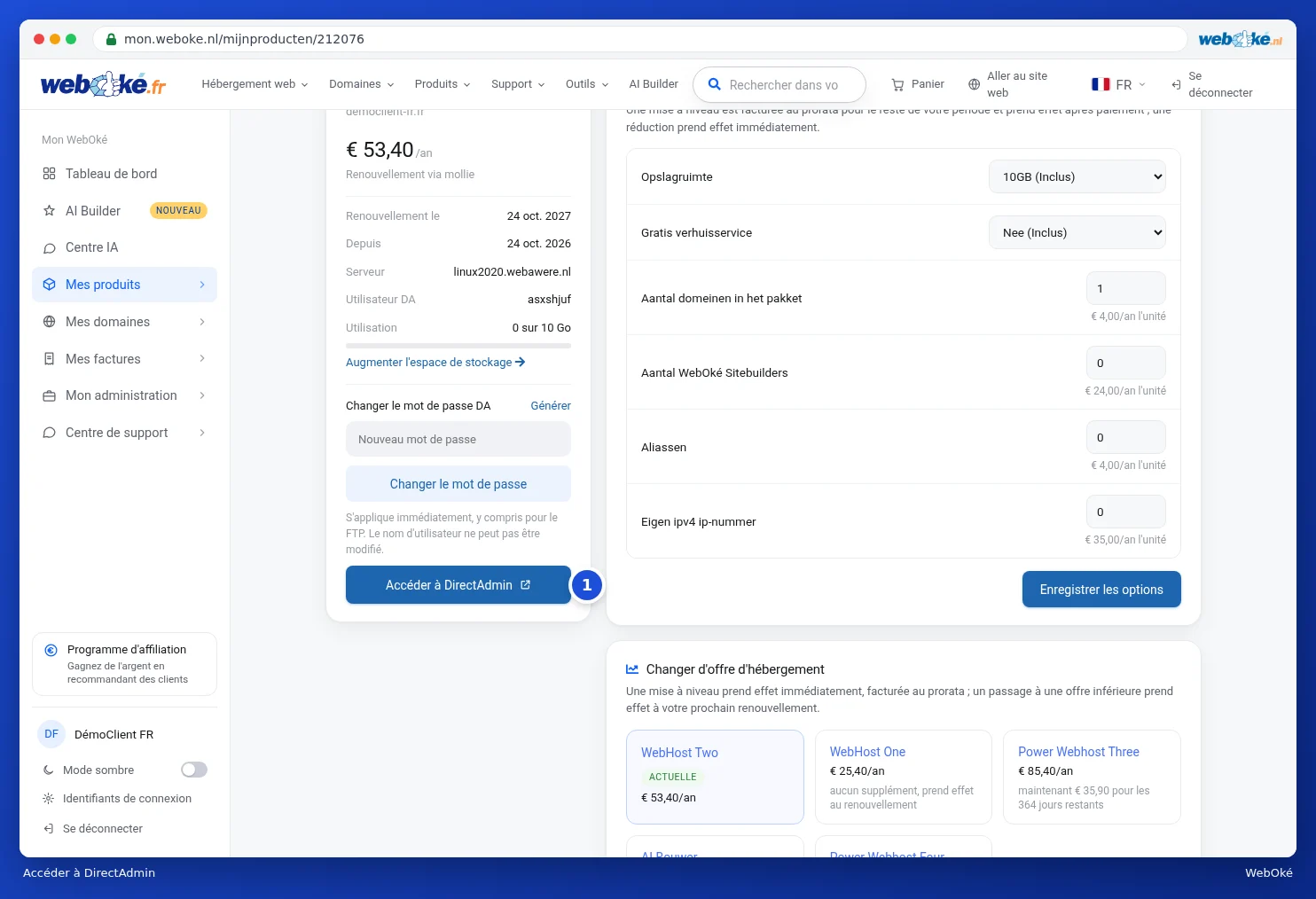 Le bouton Accéder à DirectAdmin sur la page du produit