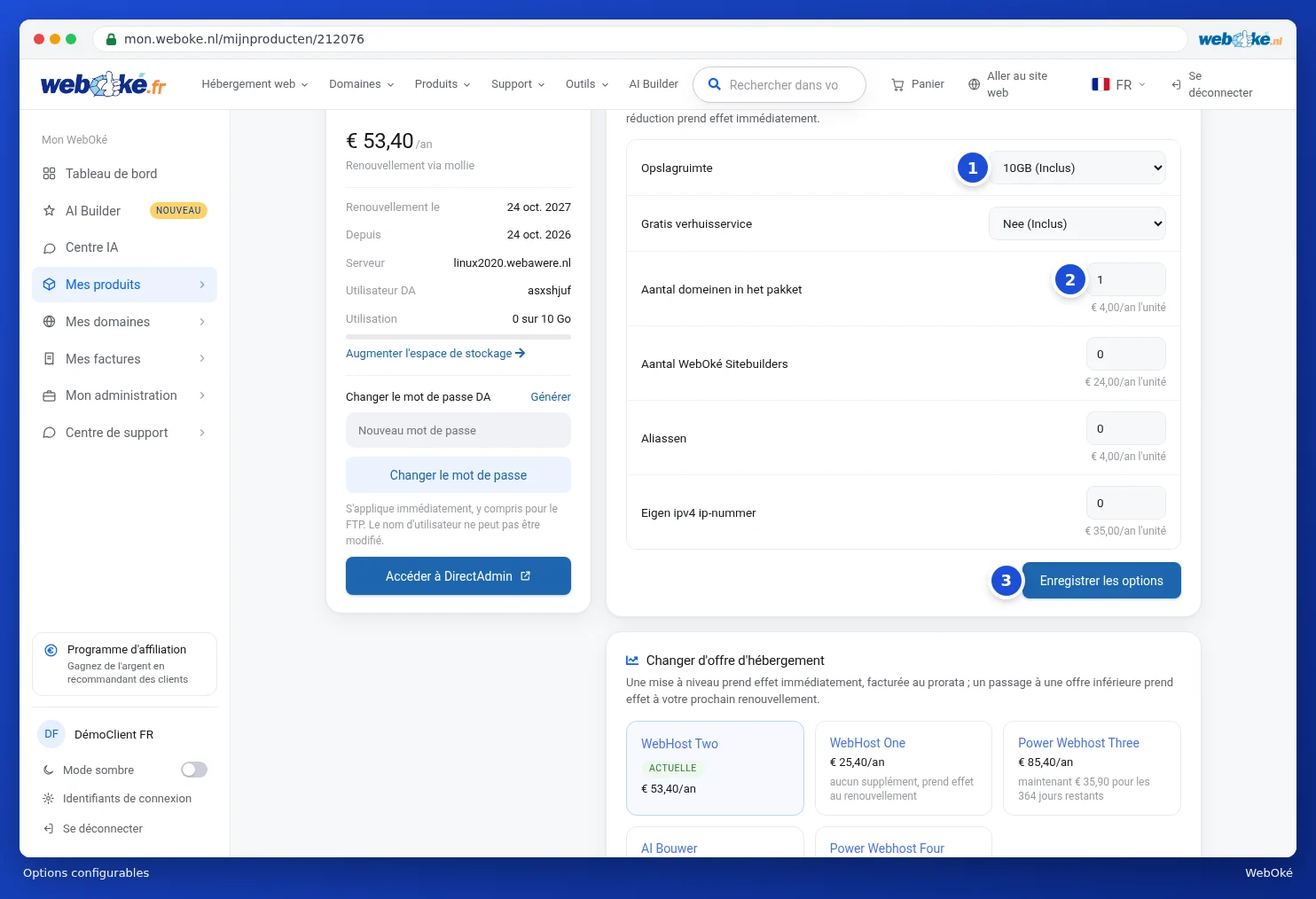 La carte Options configurables avec des listes déroulantes et des quantités
