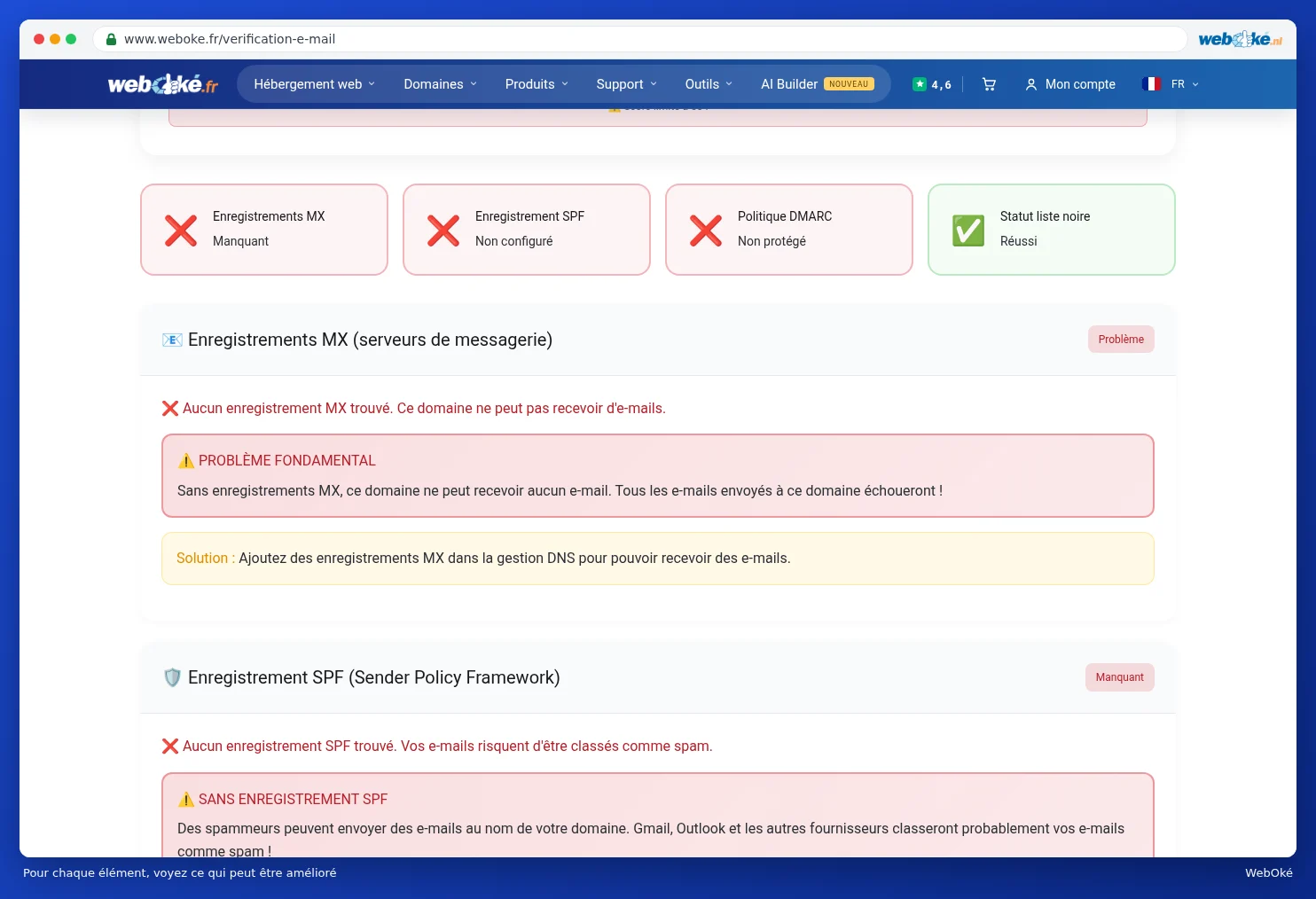 Les éléments MX Records, SPF Record, DMARC Policy et Blacklist Status