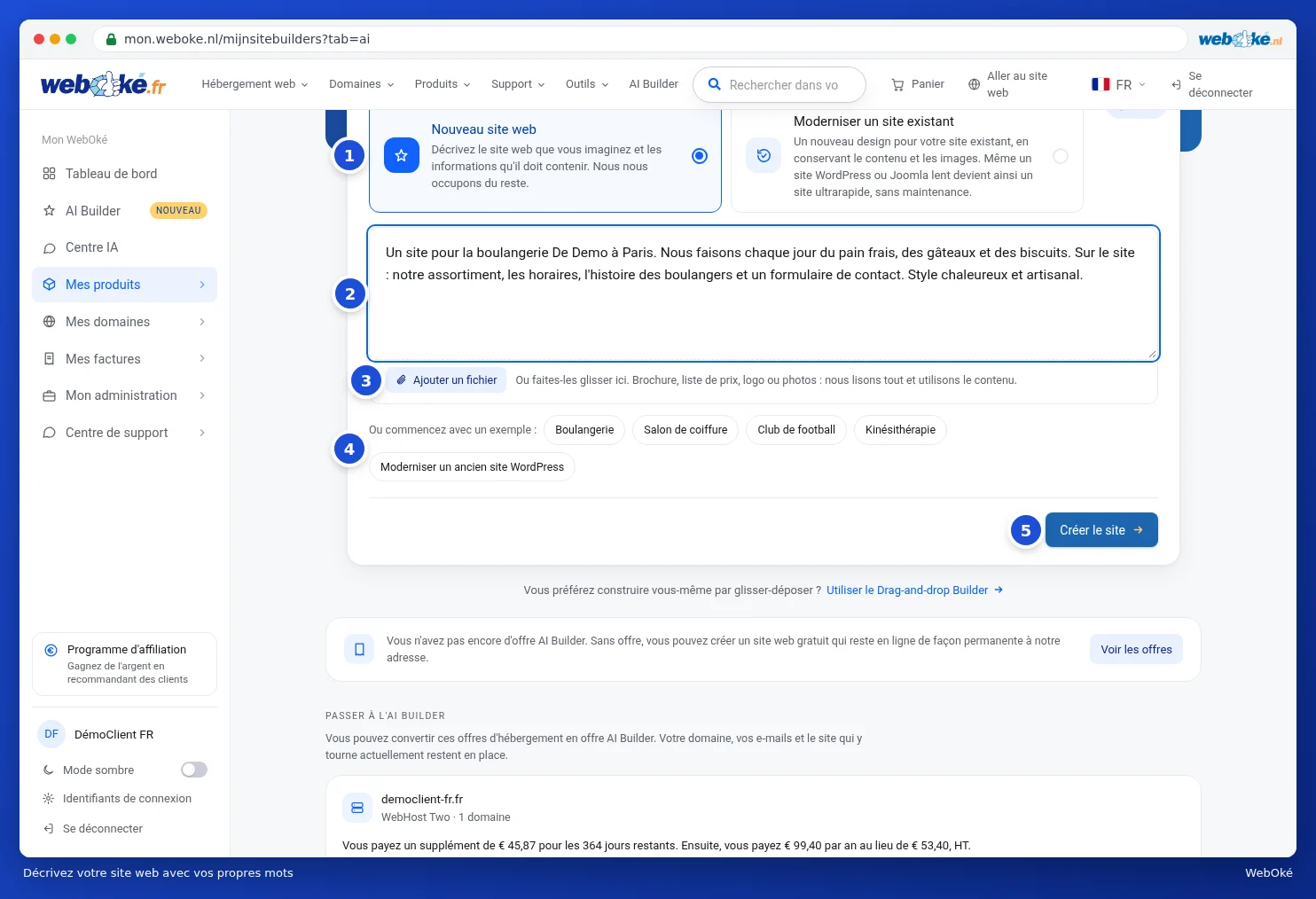La zone de texte avec la description de la boulangerie De Demo