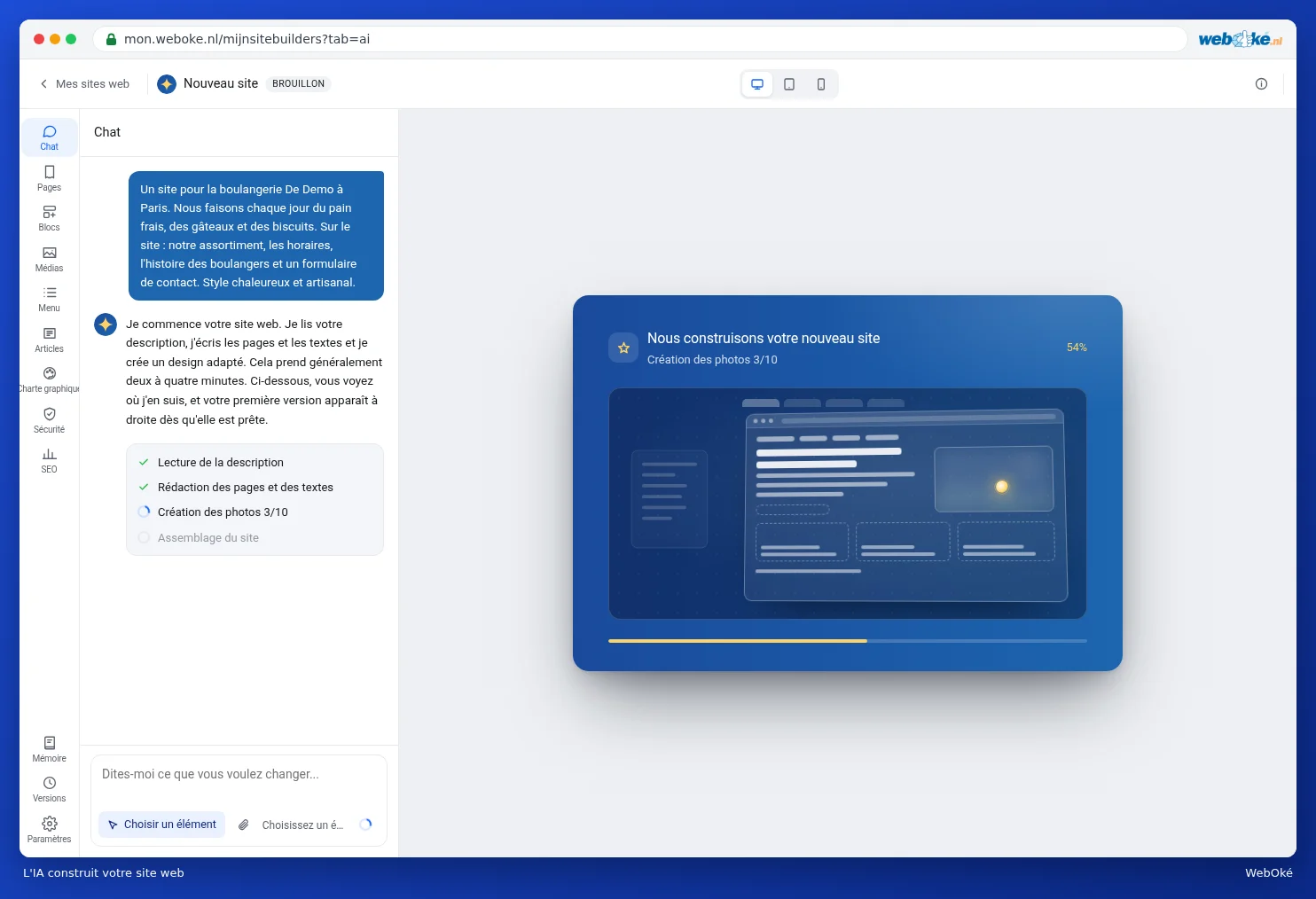 L'écran de construction pendant que l'IA construit le site web, avec une barre de progression