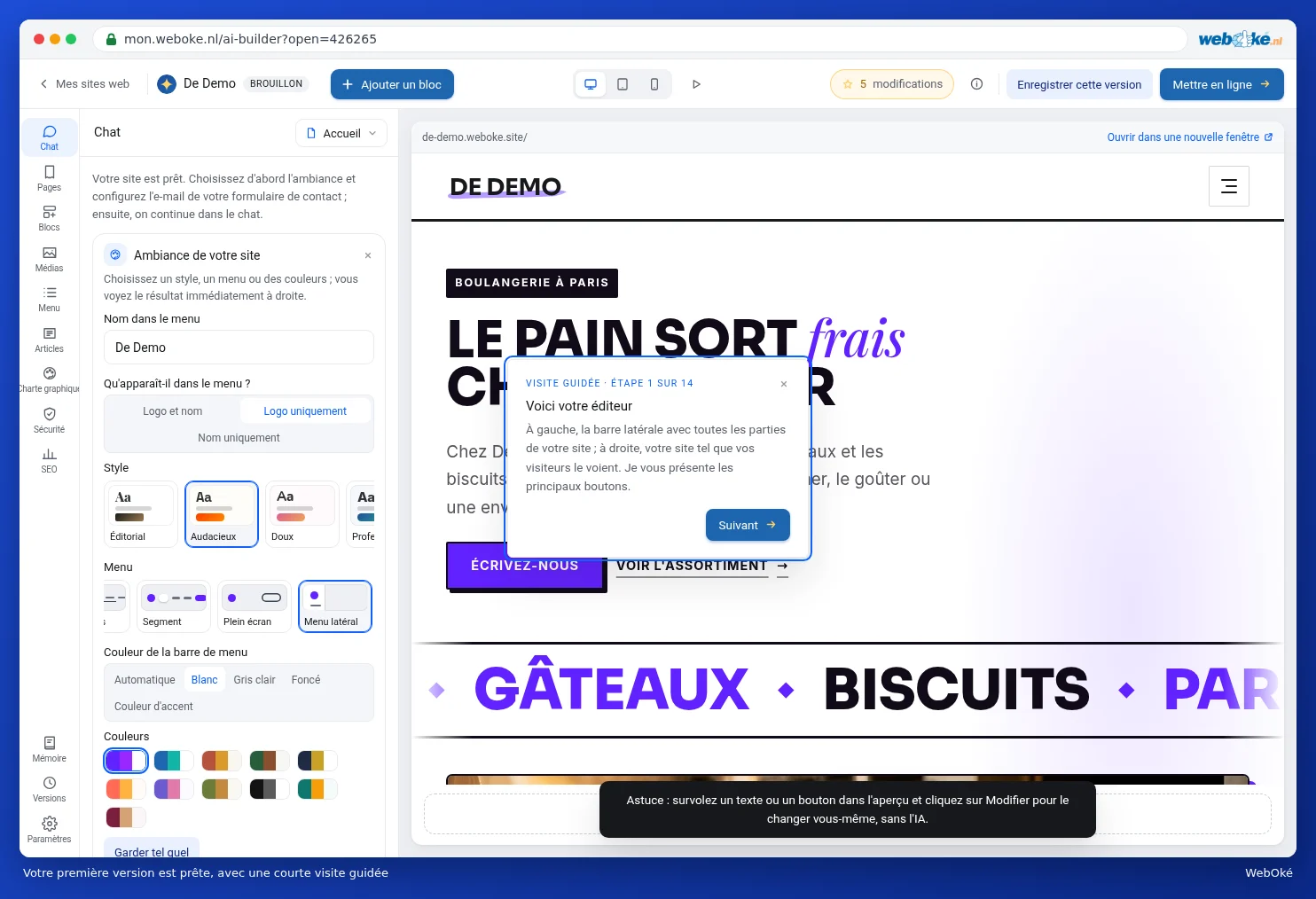La première version du site de la boulangerie De Demo avec à gauche la carte Ambiance de votre site