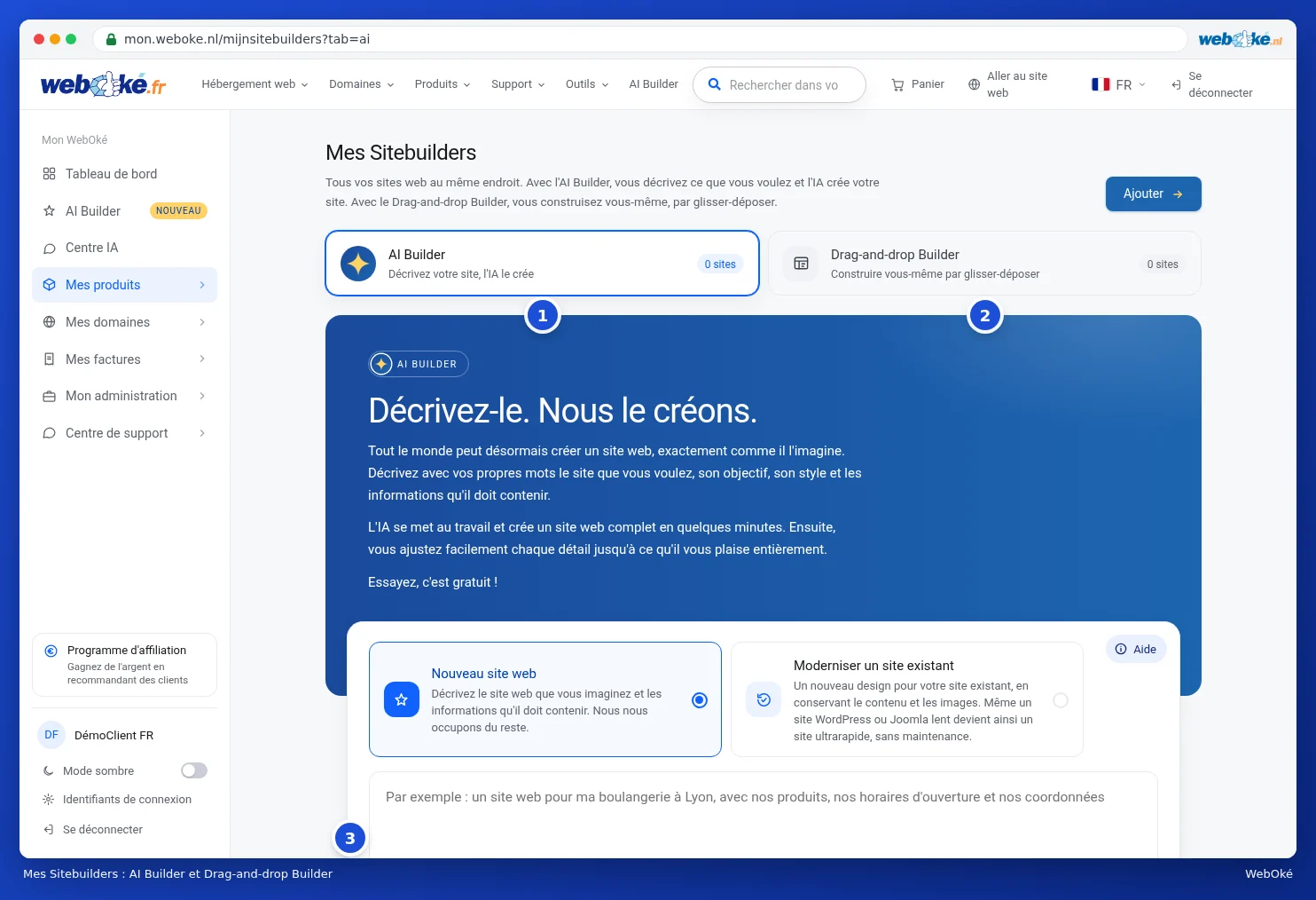 Mes Sitebuilders avec les onglets AI Builder et Drag-and-drop Builder