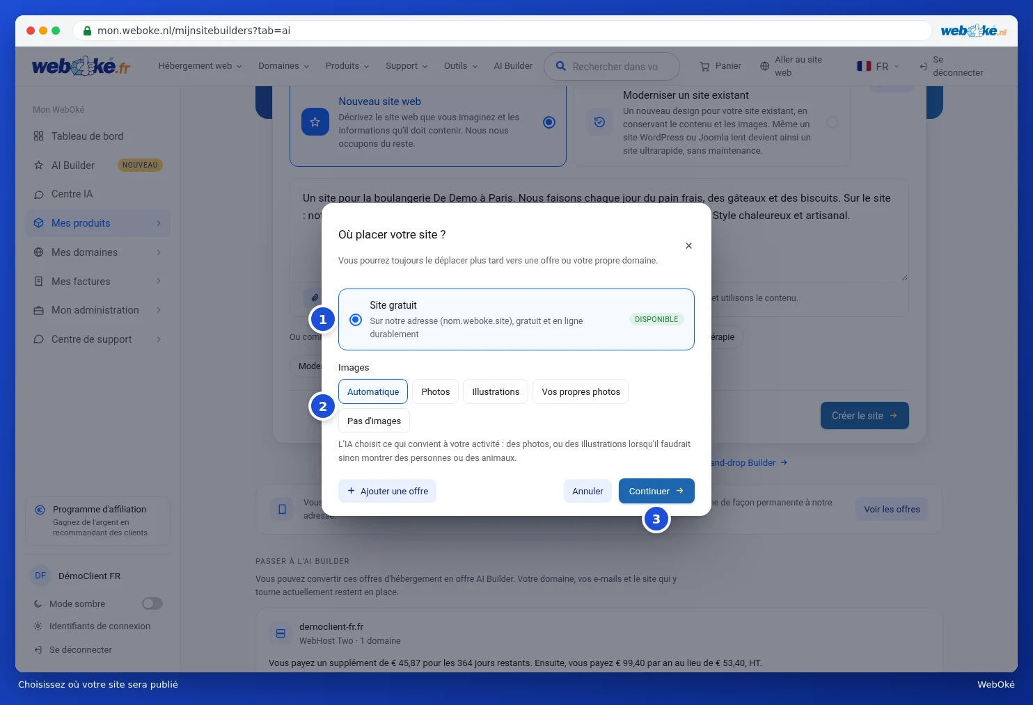 La fenêtre Où placer votre site avec le choix Site gratuit