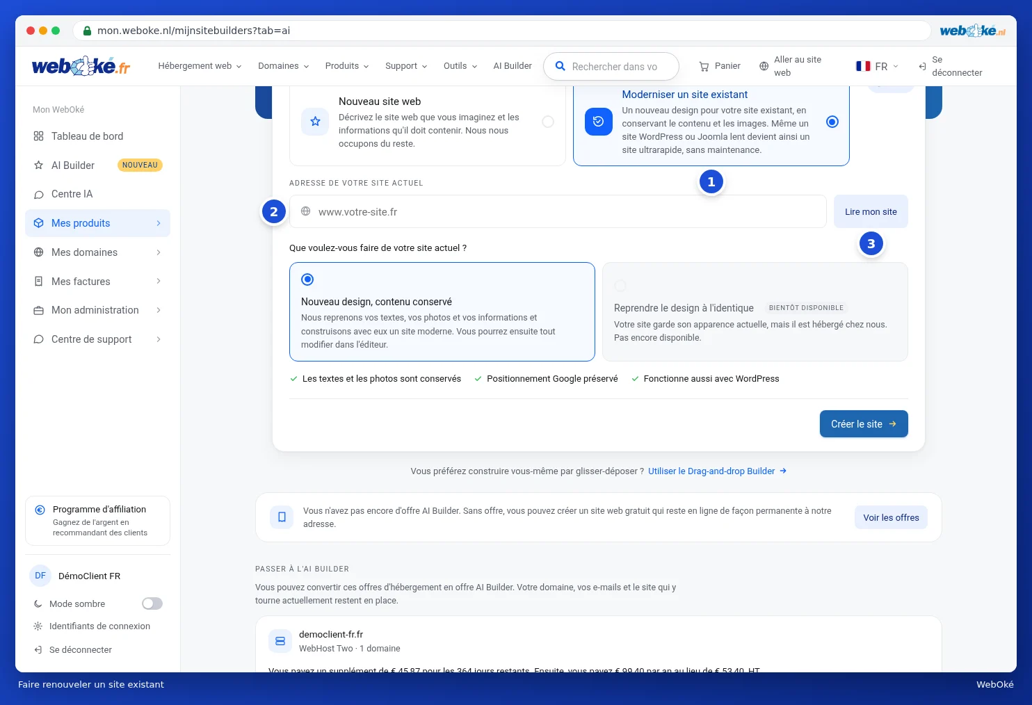 Le choix Moderniser un site existant avec le champ pour l'adresse du site actuel