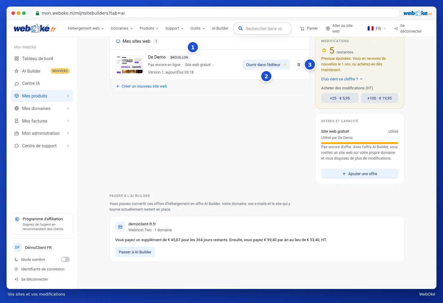 L'aperçu de vos sites web sous la carte de démarrage de l'AI Builder
