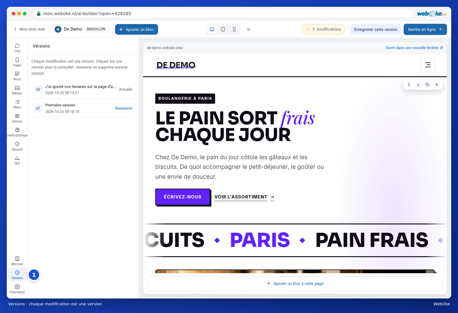 Le panneau Versions avec la première version et la version avec les horaires d'ouverture