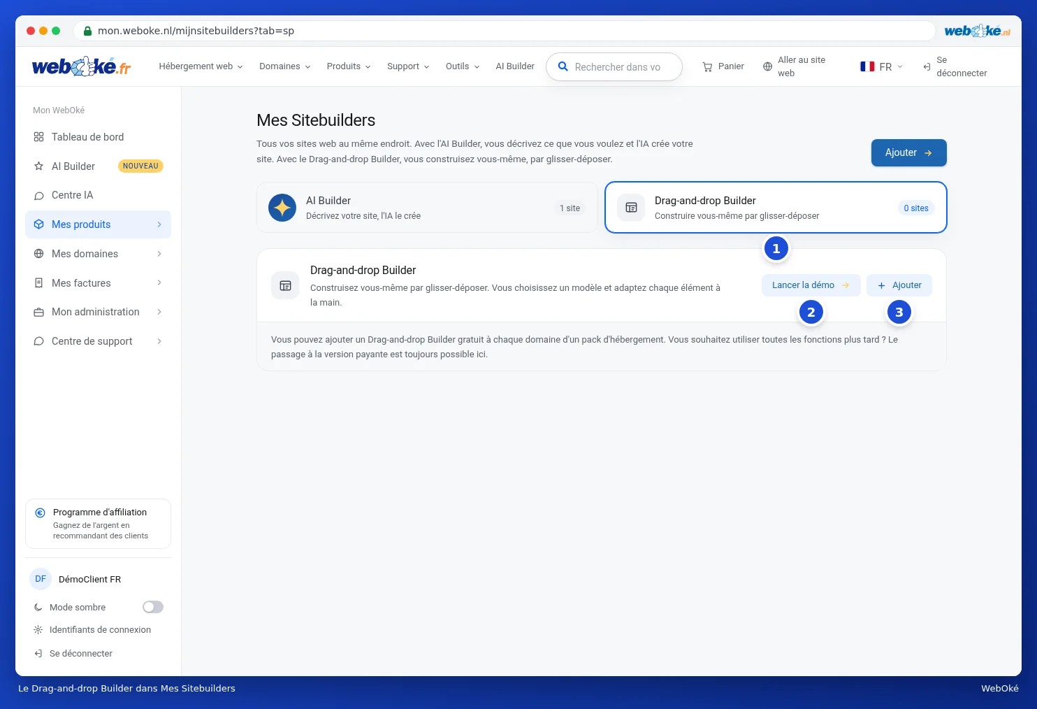 L'onglet Drag-and-drop Builder dans Mes Sitebuilders