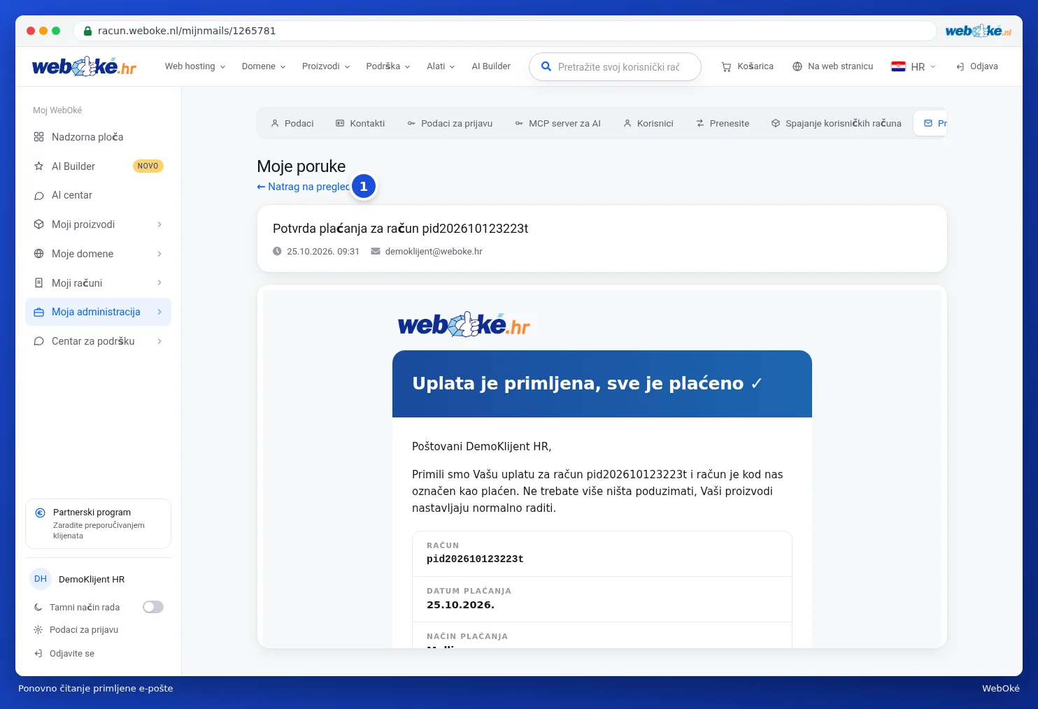 Otvorena potvrda plaćanja u Moj WebOké