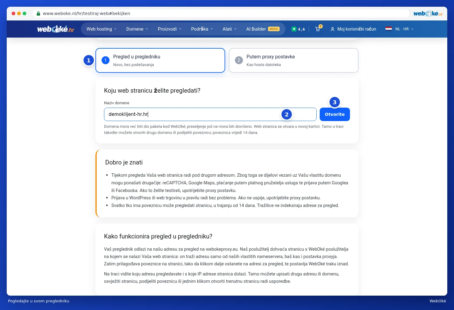 Kartica Pregled u pregledniku s unesenim nazivom domene i gumbom Otvorite