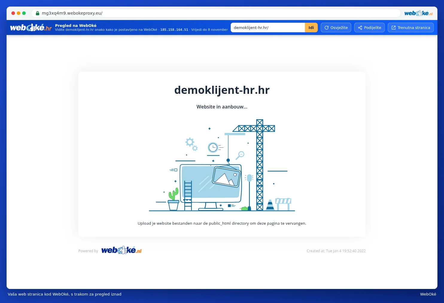 Web stranica demo klijenta kod WebOké s plavom trakom za pregled iznad