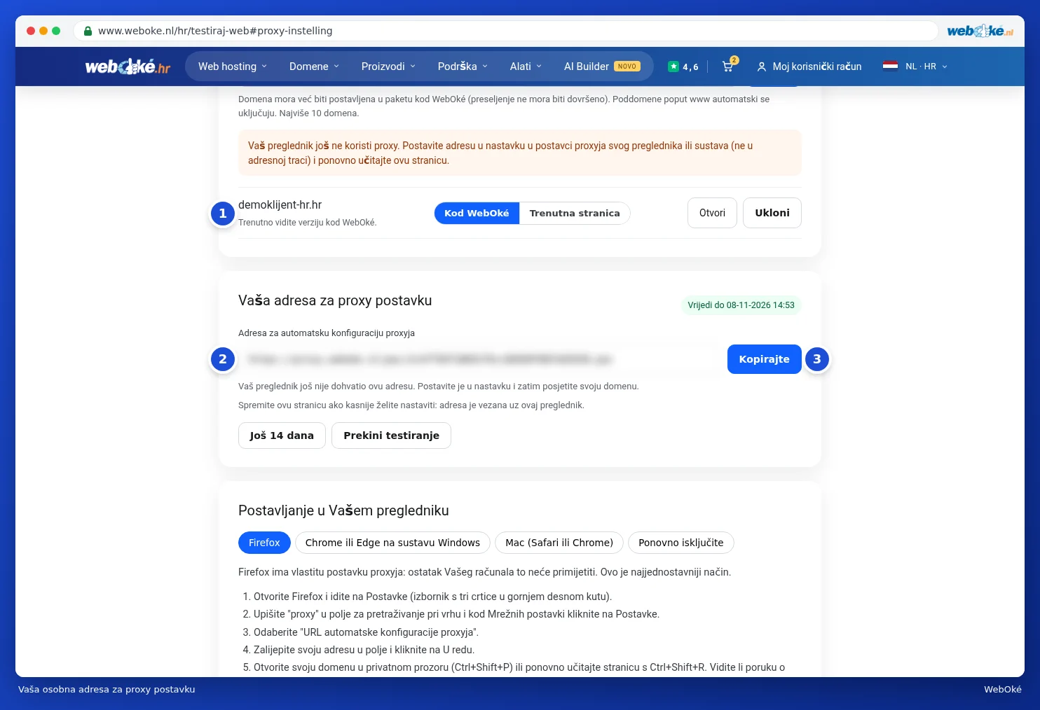 Dodana domena, osobna proxy adresa s gumbom Kopirajte i gumbima za produljenje ili prekid