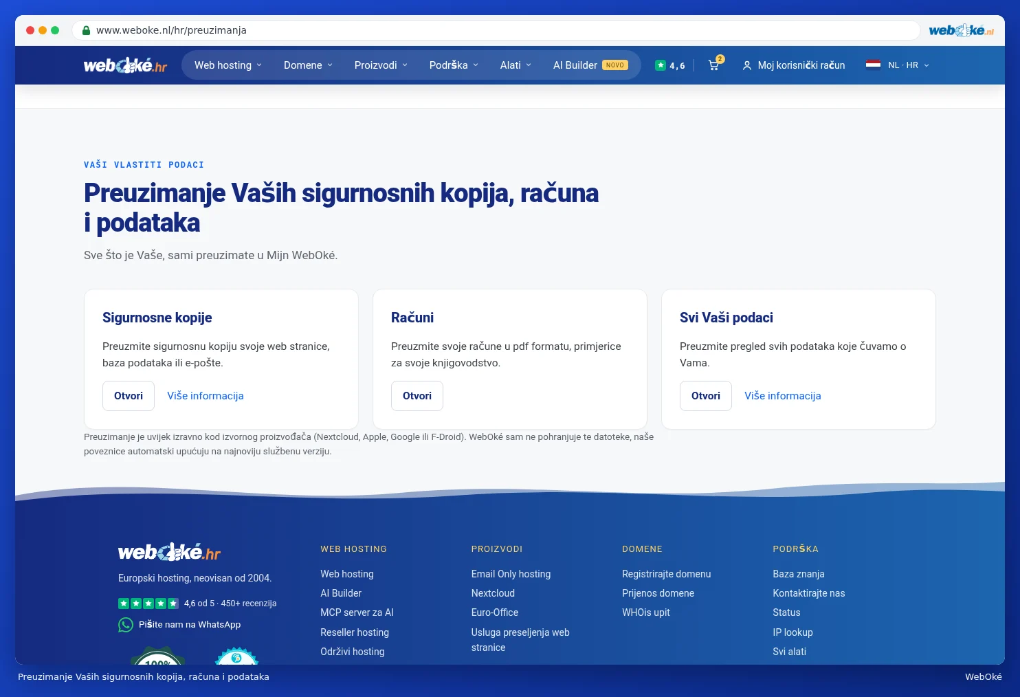 Kartice Sigurnosne kopije, Računi i Svi Vaši podaci s gumbima Otvorite