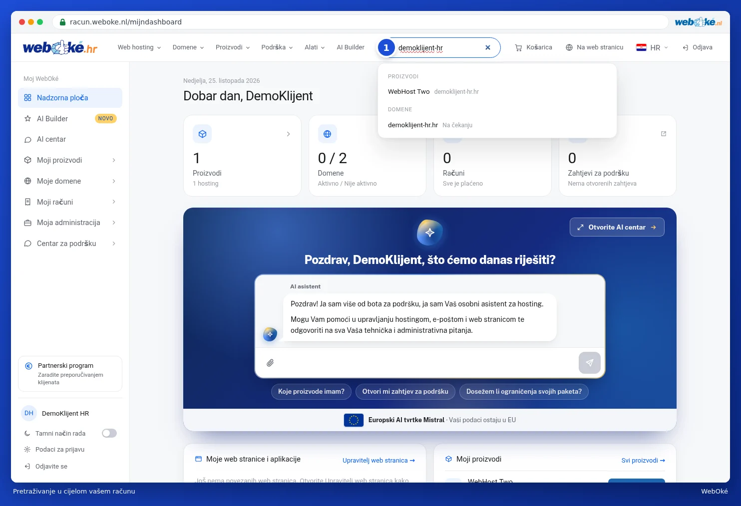 Traka za pretraživanje s rezultatima pod Proizvodi i Domene