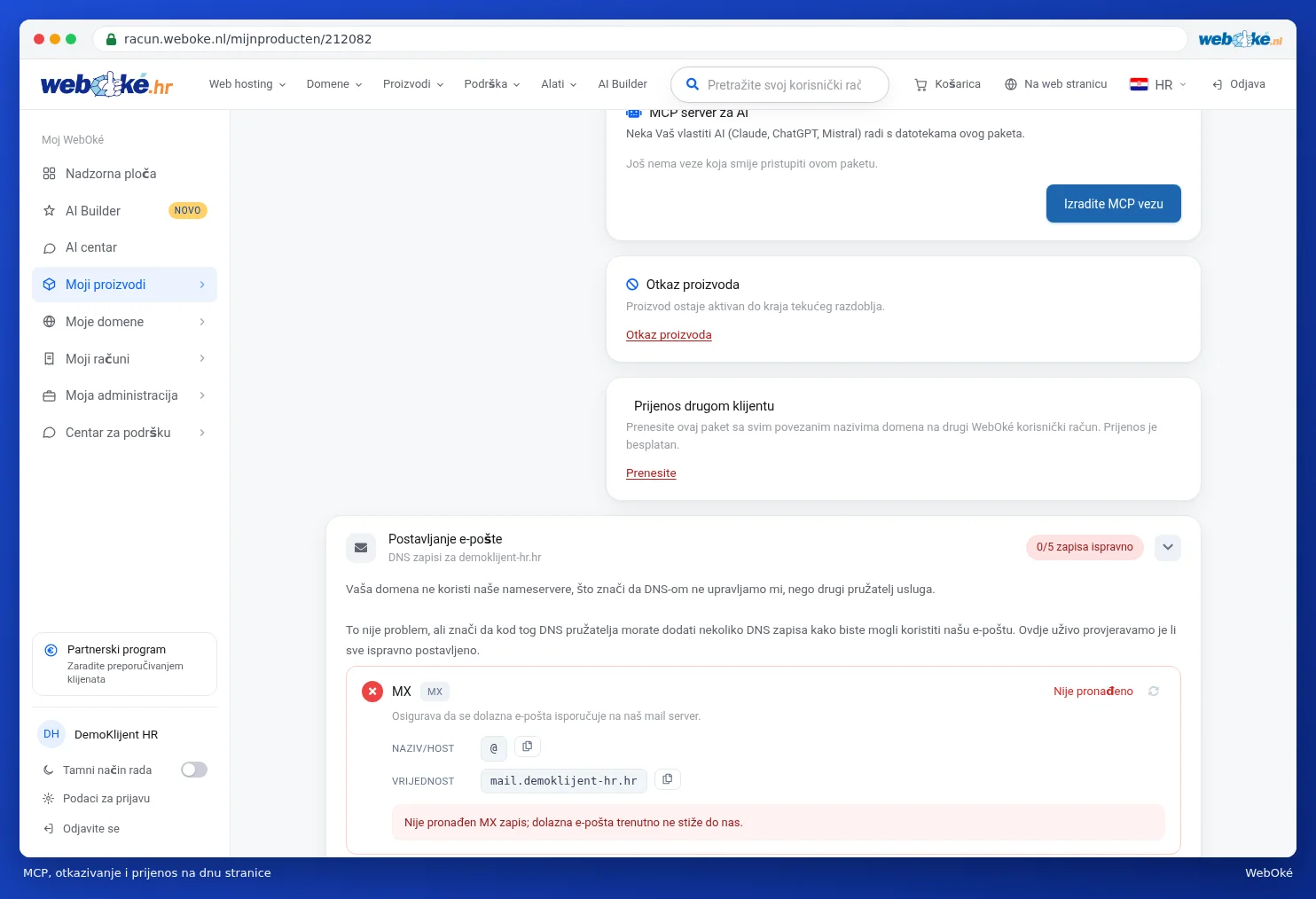 Kartice MCP server za AI, Otkaz proizvoda i Prijenos drugom klijentu