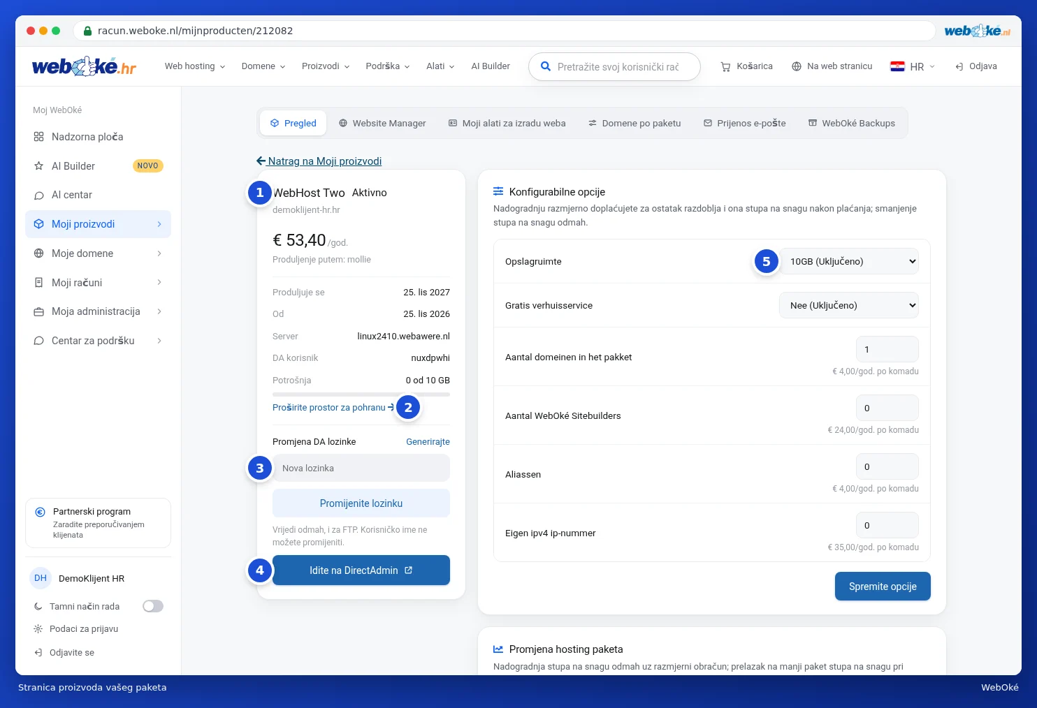 Stranica proizvoda paketa WebHost Two s podacima o paketu lijevo i konfigurabilnim opcijama desno
