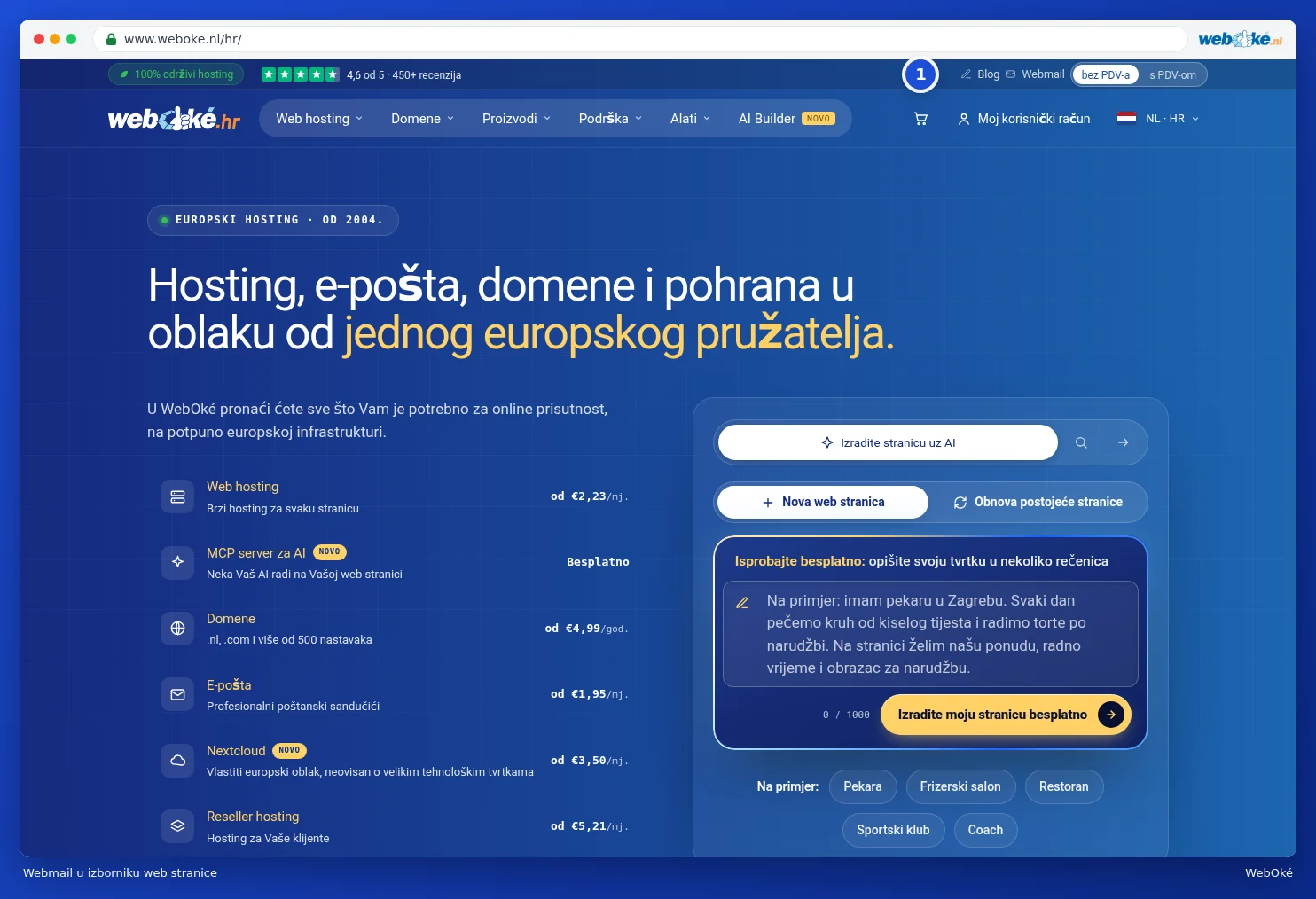 Poveznica Webmail u gornjem desnom dijelu web stranice