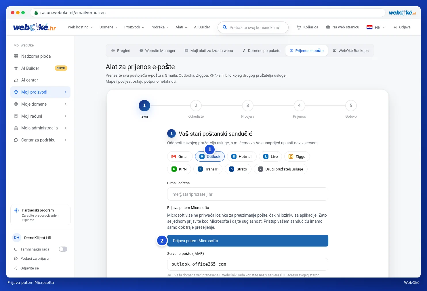 Prvi korak s odabranim Outlookom i gumbom Prijava putem Microsofta