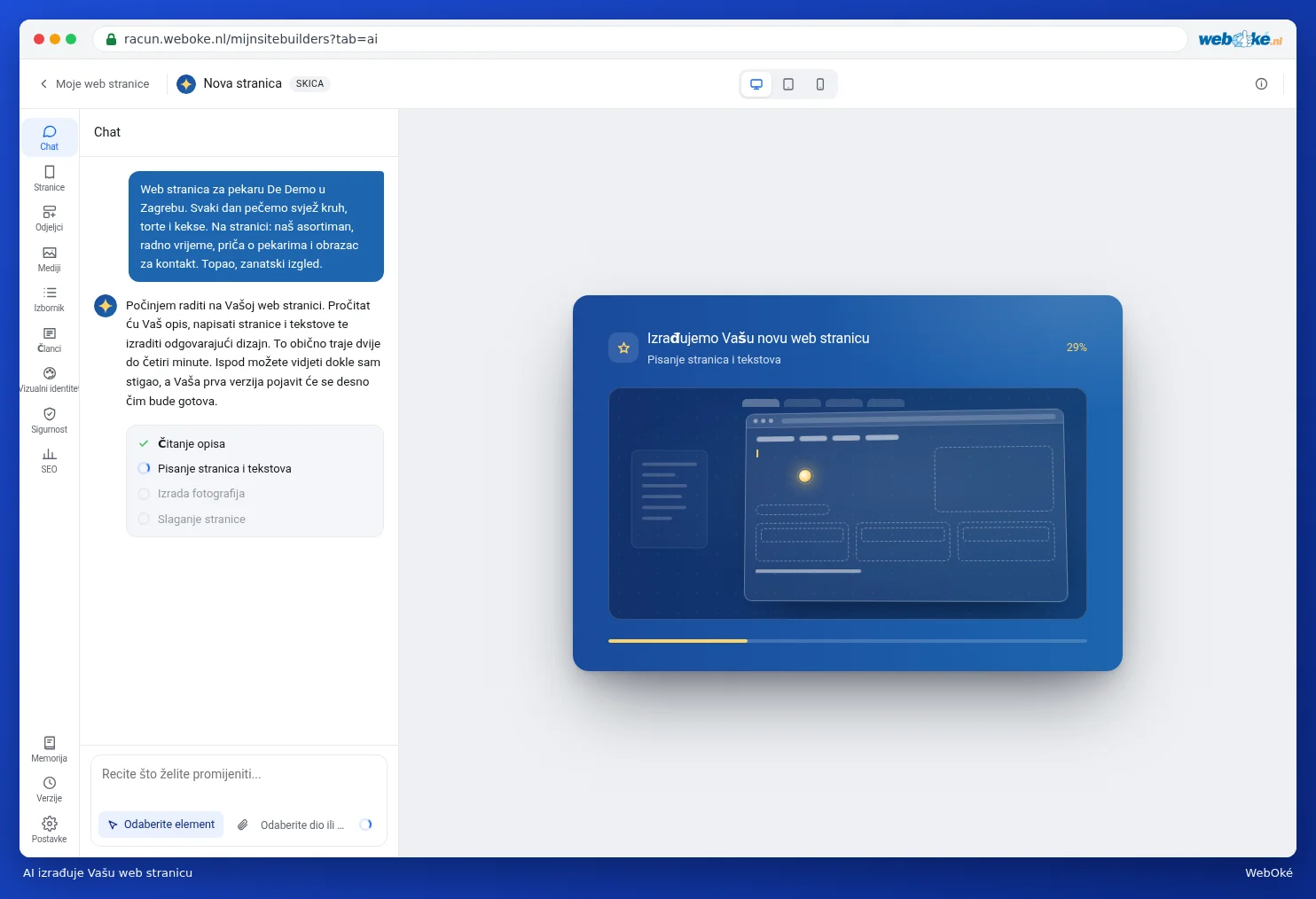 Zaslon za izradu dok AI gradi web stranicu, s trakom napretka